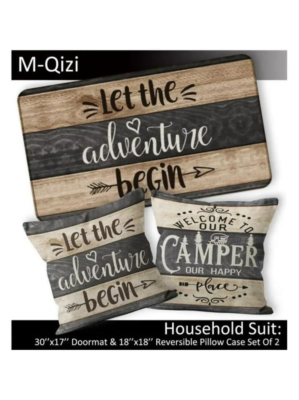 Camper Decor Set Door Mat 30x17 with 2 Pillow Covers 18x18 RV Adventure Begin